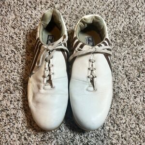 Adidas Golf Shoes Leather Brown Stripe FitFoam Comfort‎ White Mens Size 9